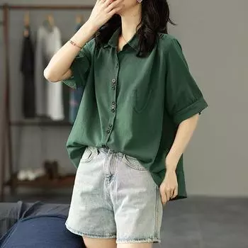 Рубашка из чистого хлопка на лето, женская, с короткими рукавами, с воротником-стойкой, однобортный кардиган в стиле ретро для женщин XS темно-зеленого