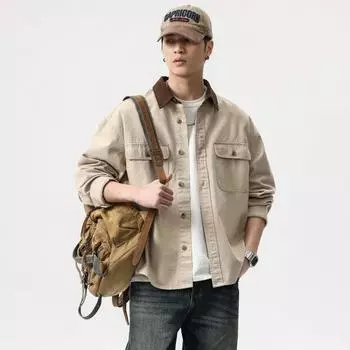 Рубашка из чистого хлопка в американском стиле в стиле ретро, мужская, модная, брендовая, грубая, красивая, повседневная, рубашка, куртка высокого класса с лацканами M серый