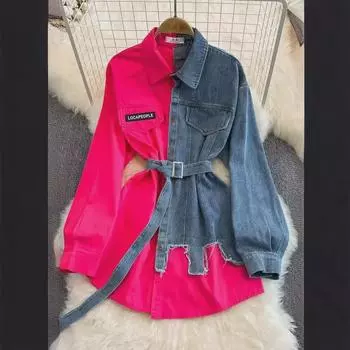 Рубашка из денима с поясом в стиле ретро в Гонконге — повседневный топ средней длины с цветными блоками на осень/зиму 2024 г. One Size белый