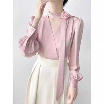 Рубашка из французского атласа с длинными рукавами, женская, с розовой лентой, темпераментный топ с V-образным вырезом, стиль для поездок на работу, элегантная женская одежда S абрикосовый