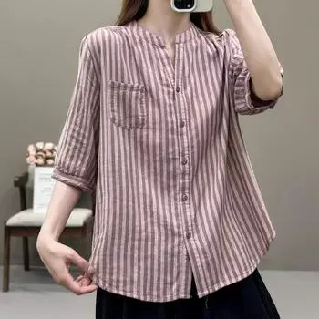 Рубашка из хлопчатобумажной пряжи в полоску для поездок на работу, женская летняя, повседневная, универсальная, рукав пять четвертей, V-образный вырез, утягивающий топ, блузки и рубашки M синий