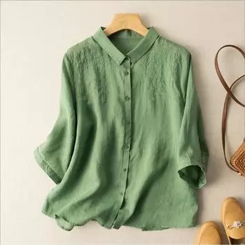 Рубашка из хлопка и льна однотонного цвета с вышитым воротником, женская свободная повседневная рубашка в стиле ретро M синий