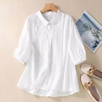 Рубашка из хлопка и льна с рукавом семь четвертей, вышитая, женская, художественная, ретро-дизайн, топ Sense для весны и лета M белый