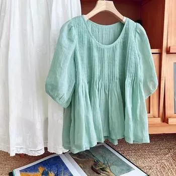 Рубашка из хлопка и льна с рукавами пять четвертей и круглым вырезом, женская, лето 2025 года, плиссированная, однотонная, омолаживающая, в тяжелую промышленность M зелёный