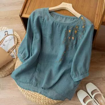 Рубашка из хлопка и льна с вышивкой в стиле ретро с рукавами пять четвертей, свободная, утягивающая, повседневная, женская, топ, блузки, рубашки M жёлтый