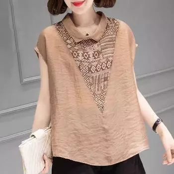 Рубашка из хлопка и льна с короткими рукавами и воротником для малышей, свободная, для похудения летом, сшитая, большого размера, женская рубашка с принтом, закрывающая живот, тонкие рубашки M светло-синий