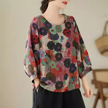 Рубашка из хлопка и льна с длинными рукавами, женская весенняя принтованная цветная женская одежда больших размеров, рубашка с рукавами девять четвертей, футболка L