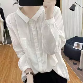 Рубашка из хлопка и льна с длинным рукавом для женщин, модная блузка на пуговицах, топ в стиле ретро, универсальная однотонная базовая рубашка M белый