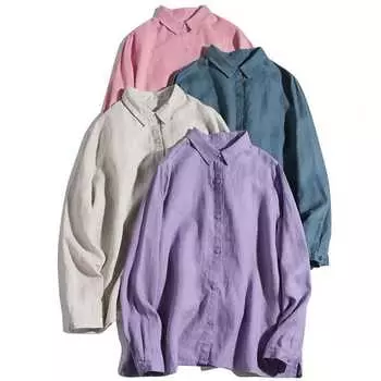 Рубашка из хлопка и льна с квадратным воротником и длинными рукавами, осенняя, свободная, базовая, в стиле арт-хаус, женская, топ M розовый