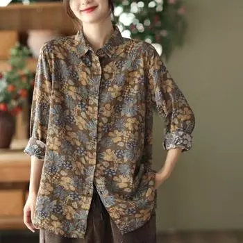Рубашка из хлопка и льна с литературным ретро-принтом, женская повседневная рубашка с длинными рукавами на осень, топ с цветочным принтом XXXL зелёный
