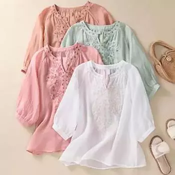 Рубашка из хлопка и льна с цветочной вышивкой, женская, с рукавами три четверти, с V-образным вырезом, повседневная, свободная, однотонная, для мам, женская XXL белый