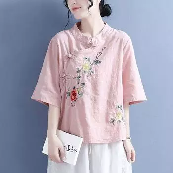 Рубашка из хлопка и льна в этническом стиле, женская весна-лето, воротник-стойка в китайском стиле, пластина с пряжкой, топ с косой планкой, вышивка 4XL зелёный