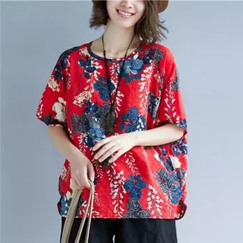 Рубашка из хлопка и льна в стиле ретро с принтом для женщин больших размеров с V-образным вырезом и рукавами средней длины, свободный топ на весну и лето M