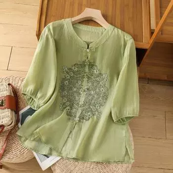 Рубашка из хлопка и льна в китайском стиле с вышивкой для женщин, летняя, свободная, с воротником-стойкой, однорядными жемчужными пуговицами, свободный топ M светло-зеленый