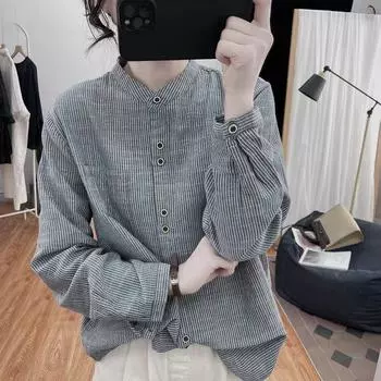 Рубашка из хлопка и льна в клетку для женщин на весну, простая, стильная, для похудения, универсальная, базовая, трендовая рубашка M