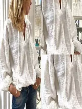 Рубашка из хлопка и льна в стиле ретро с V-образным вырезом и рукавами-фонариками 2024 г. S белый