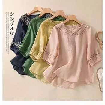 Рубашка из хлопка и льна в стиле бохо с вышивкой, летний свободный покрой, повседневный топ M