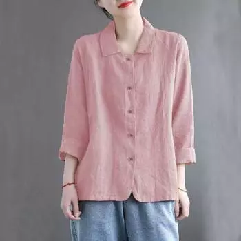 Рубашка из хлопка и льна, женская солнцезащитная одежда, универсальная женская блузка, воротник рубашки, однотонный цвет, тонкая льняная куртка, кардиган XXL розовый
