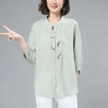 Рубашка из хлопка и льна, женская, модная, летняя, облегающая, свободная, универсальная, со средними рукавами, рукавами семь четвертей M