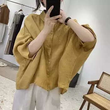 Рубашка из хлопка и льна, женская летняя рубашка в стиле ретро, свободная, утягивающая, с рукавами пять четвертей, тонкий верх, блузки и рубашки S белый