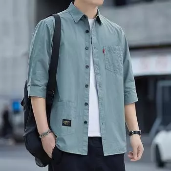 Рубашка из хлопка мужская с рукавами семь четвертей, короткий рукав, рабочая одежда из хлопка, однотонная, свободная, красивая, со средними рукавами M