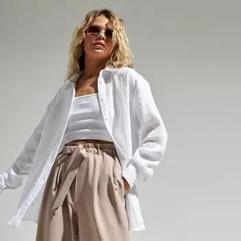 Рубашка из хлопкового крепа, женская однотонная свободная рубашка с длинными рукавами, тонкое пальто, простой удобный топ для отдыха и поездок на работу, весна-лето 2025 г. S белый