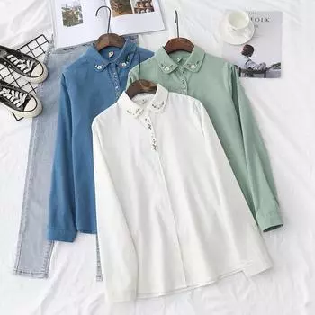 Рубашка из хлопкового вельвета женская с длинными рукавами в ретро-стиле, сочетается с блузками и рубашками весна-осень, базовый верх S белый