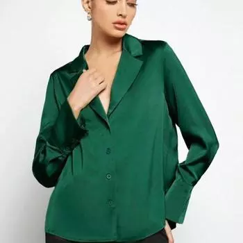 Рубашка из искусственного атласа из шелка для весны и лета, новая женская одежда, простая рубашка с длинными рукавами S зелёный