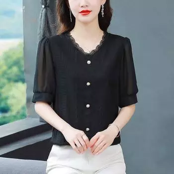 Рубашка из ледяного шелка, женская блузка с коротким рукавом, новая летняя свободная модная универсальная блузка с v-образным вырезом и кружевной строчкой, M-4XL 4XL белый