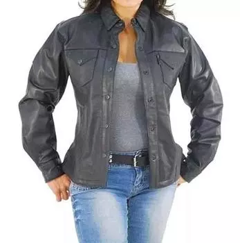 Рубашка из натуральной кожи ручной работы 100% из натуральной кожи ягненка, черная, стильная, женская S чёрный