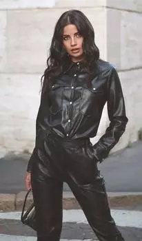 Рубашка из натуральной овчины для вечеринок, стильная, деловая, ручной работы, женская, повседневная, черная XS чёрный