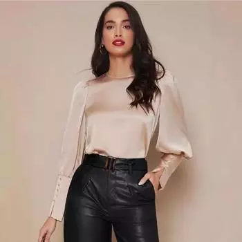 Рубашка из полиэстера с длинными рукавами, женская, весна-осень, рукава-фонарики, атласная рубашка, топ, блузки и рубашки XS абрикосовый