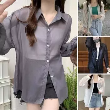 Рубашка из шифона с перламутровым отворотом, женская, с длинным рукавом, однобортная, тонкая, с принтом солнца S серый