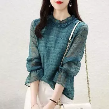 Рубашка из шифона с расклешенными рукавами и грибовидным краем, женская рубашка свободного кроя с принтом в горошек, ранняя весна M