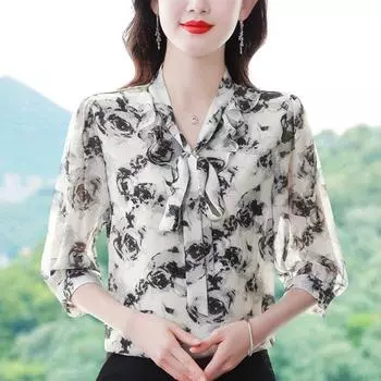 Рубашка из шифона с рукавами семь минут, цветочные узоры, женские весенние и летние новые модные топы, женская свободная универсальная рубашка M [Recommended 85-50kg]