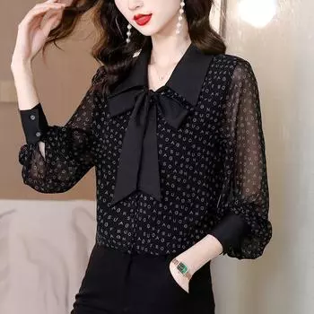 Рубашка из шифона «Темперамент» высокого класса, женская новая рубашка с длинными рукавами, модная рубашка S чёрный