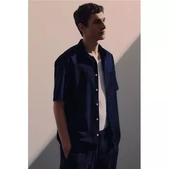 Рубашка из смесового льна HM Regular fit темно-синяя