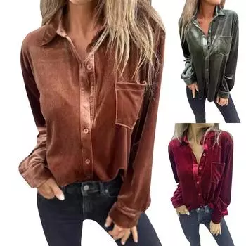 Рубашка из золотистого бархата с длинными рукавами, однобортный топ, свободная рубашка для женщин XXXL кофейный