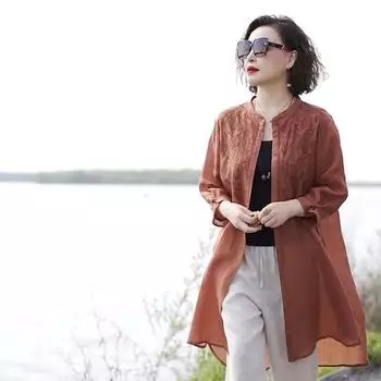 Рубашка-кардиган с вышивкой в стиле ретро для женщин, средней длины XXL фиолетовый