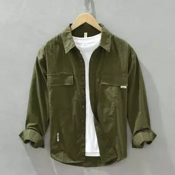 Рубашка карго с длинным рукавом в стиле Харадзюку для мужчин, весна-лето, уличная одежда, мужские топы с двумя карманами и пуговицами, повседневная хлопковая рубашка M чёрный