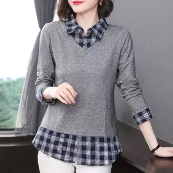 Рубашка клетчатая имитация двухсекционная блузка с длинными рукавами для мам среднего возраста на весну и осень футболка больших размеров для женщин S серый