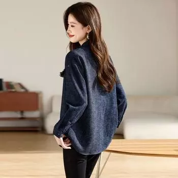 Рубашка куртка ранняя осень новая простая свободная рубашка с бахромой женская S тёмно-синий