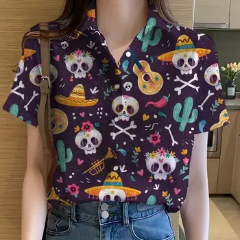 Рубашка мексиканская женская с рисунком сахарного черепа, блузка с короткими рукавами и пуговицами, летняя женская рубашка 2000 года S