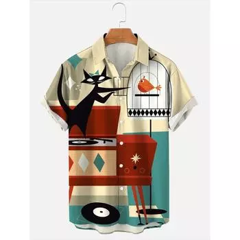 Рубашка мужская Hawaii, рубашка с рисунком из аниме, топы с короткими рукавами, летняя повседневная мужская одежда, уличная одежда, животные, кошки, ретро-футболки с 3D-принтом M