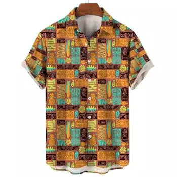 Рубашка мужская Hawaii Tiki Pattern 3D Printed Tops Летняя мода праздничная повседневная рубашка Рубашки с короткими рукавами Уличная одежда с пуговицами на лацканах S