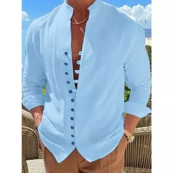 Рубашка мужская однотонная из хлопка и льна с длинным рукавом, на пуговицах, с воротником-стойкой, в стиле ретро, весна-осень S серый