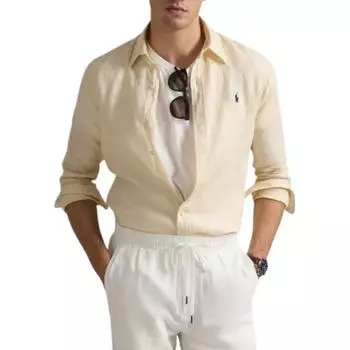 Рубашка мужская Polo Ralph Lauren с вышивкой логотипа, на пуговицах, приталенного кроя, с длинным рукавом, бежевая 710968915-005 L