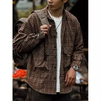 Рубашка мужская в гонконгском стиле, клетчатая, повседневная, в корейском стиле, модная, подходящая ко всему и красивая, супер популярная мужская рубашка, мешковатое пальто M хаки