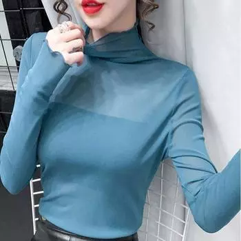 Рубашка на кружевной основе, женская, с длинными рукавами, сетчатый внутренний топ, футболка с высоким воротом, газовая куртка S