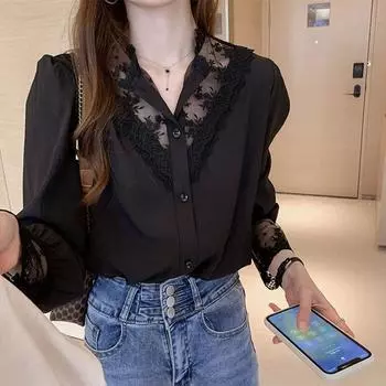 Рубашка на кружевной основе женская, весна-осень, топ с сердечками, шифоновая рубашка в стиле пэчворк S белый